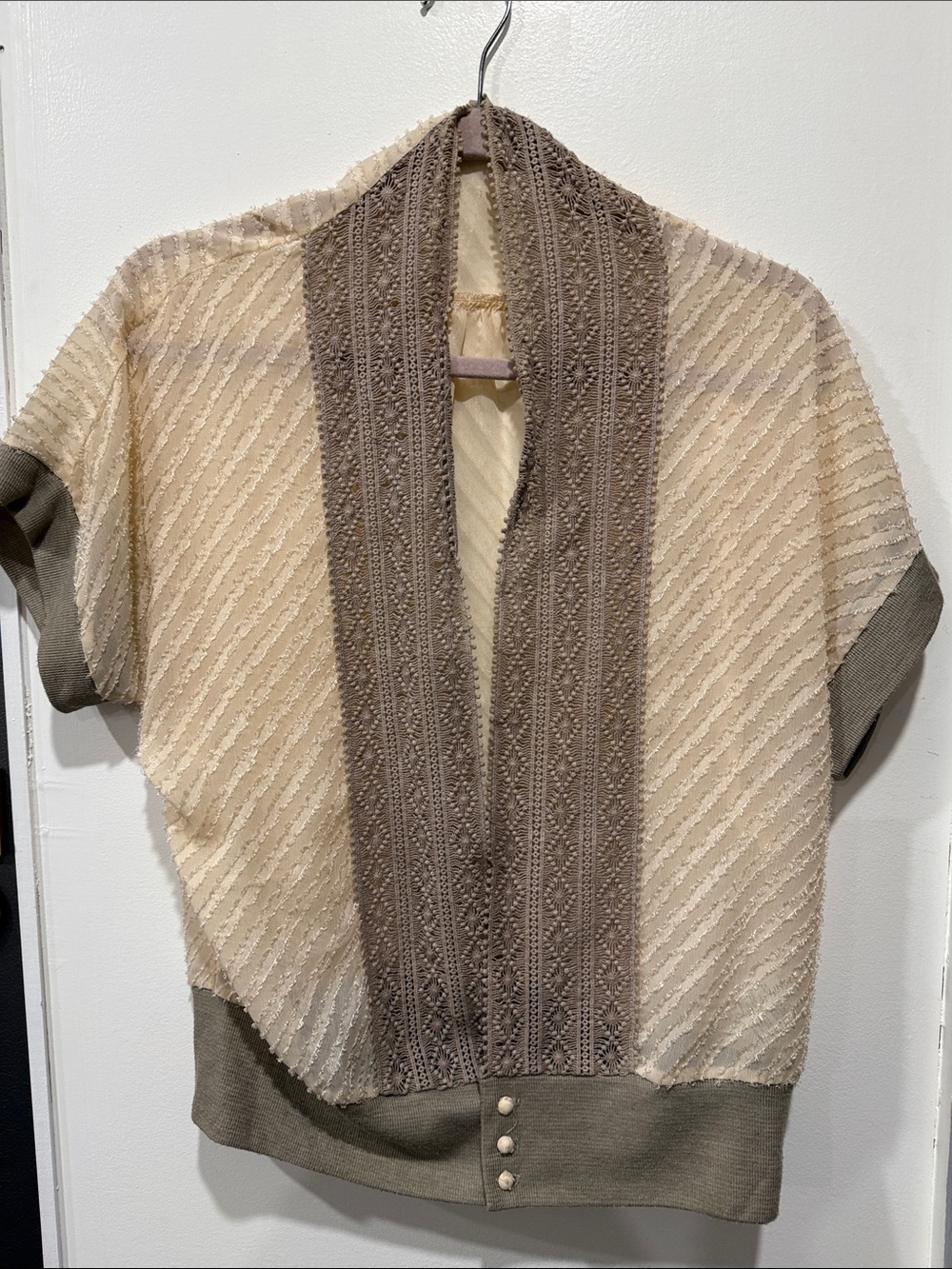 Open-Front Cream Knit Cardigan with Taupe Trim